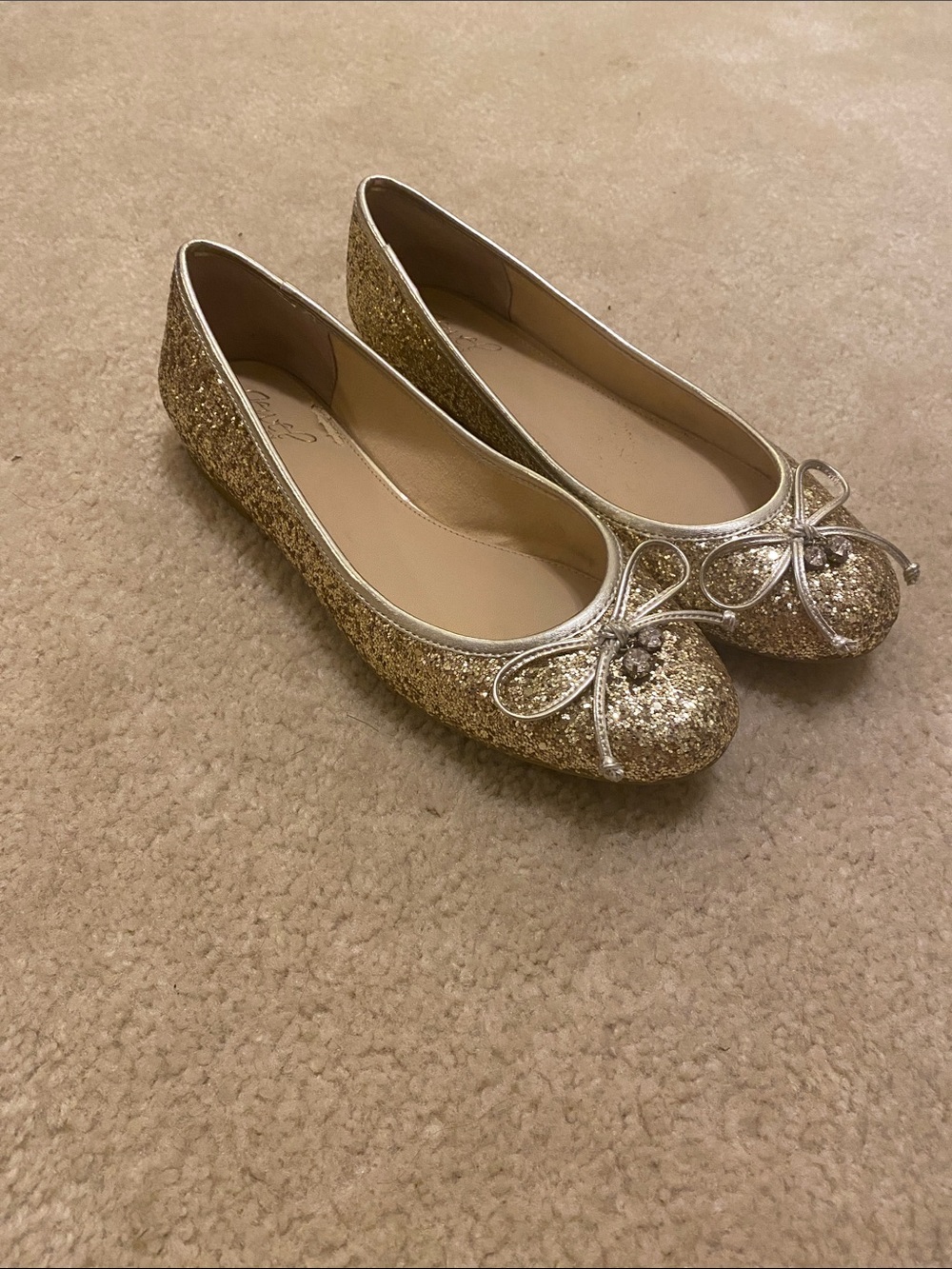 Jewel Badgley Mischka Gold Glitter Ballet Flats with Bow Accent